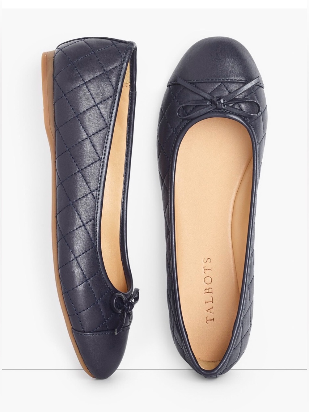Talbots Navy Quilted Leather Ballet Flats with Bow Trim